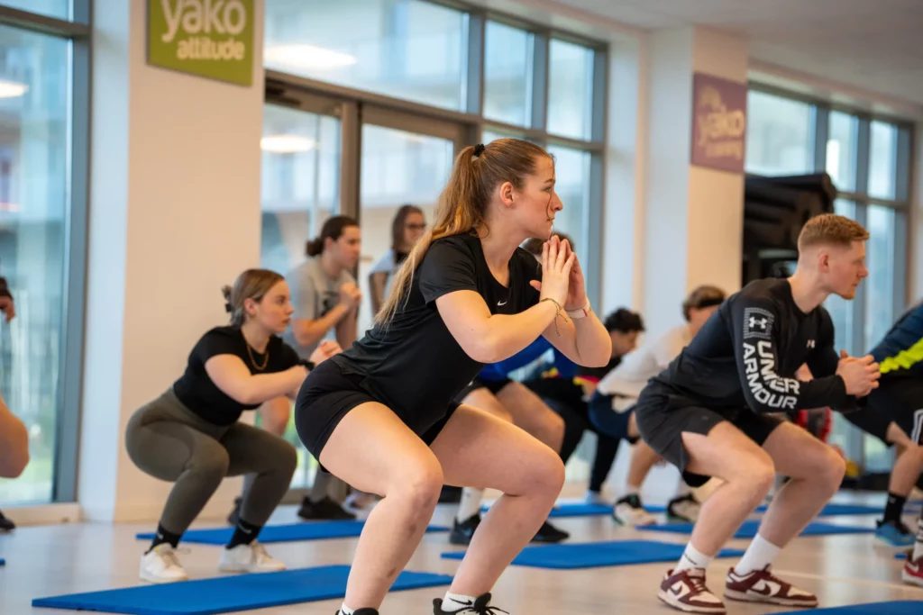 Groupe de stagiaires réalisant des squats en position basse lors d'un cours collectif de renforcement musculaire