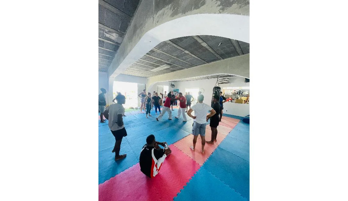 Groupe d’étudiants IPMS Saint-Louis en pratique d’arts martiaux sur tatamis colorés.