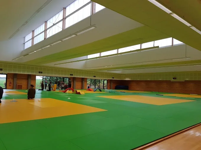 Grand dojo au CREPS de Reims, tatamis verts et jaunes, étudiants en activité.