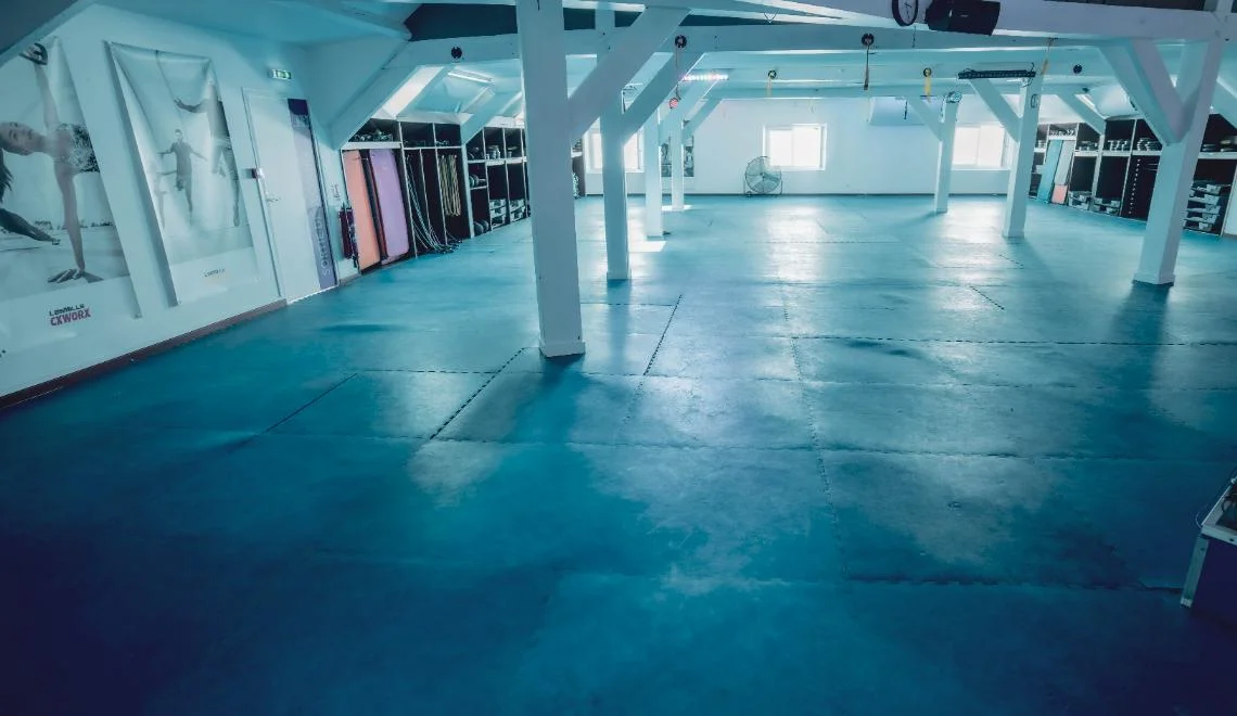 Grande salle de cours collectifs IPMS avec tatamis bleus et affiches de fitness.