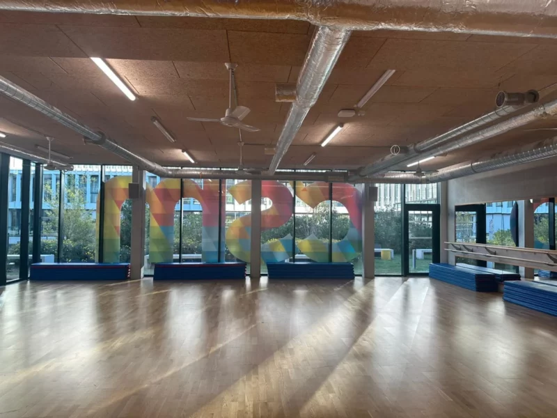 Grande salle multi-activités IPMS Nice avec parquet et miroirs.