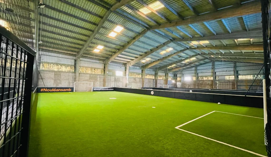 Terrain couvert de sport collectif IPMS Saint-Louis avec pelouse synthétique et cages de foot.