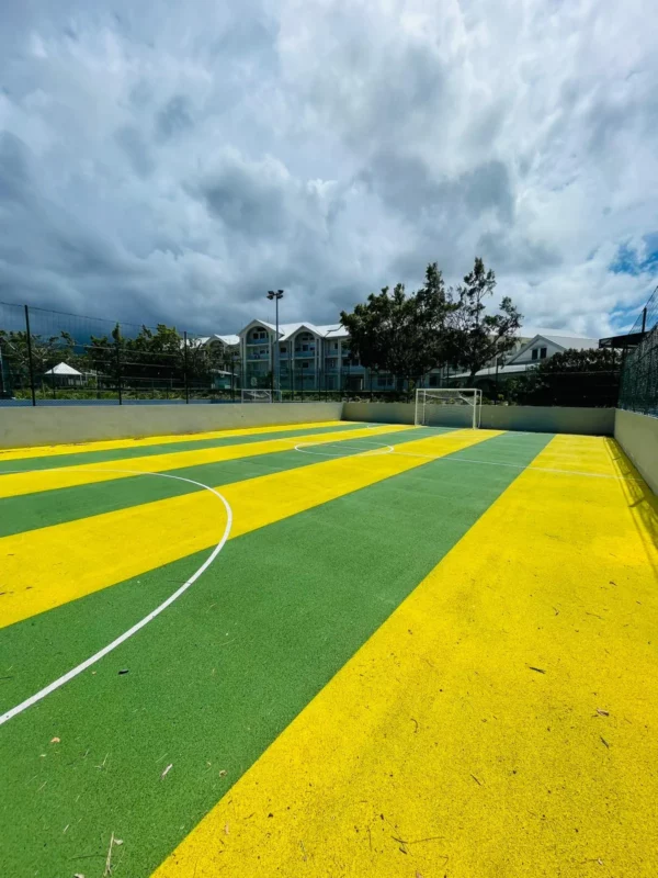 Terrain extérieur de foot à 5 du campus IPMS Saint-Louis, sol vert et jaune.