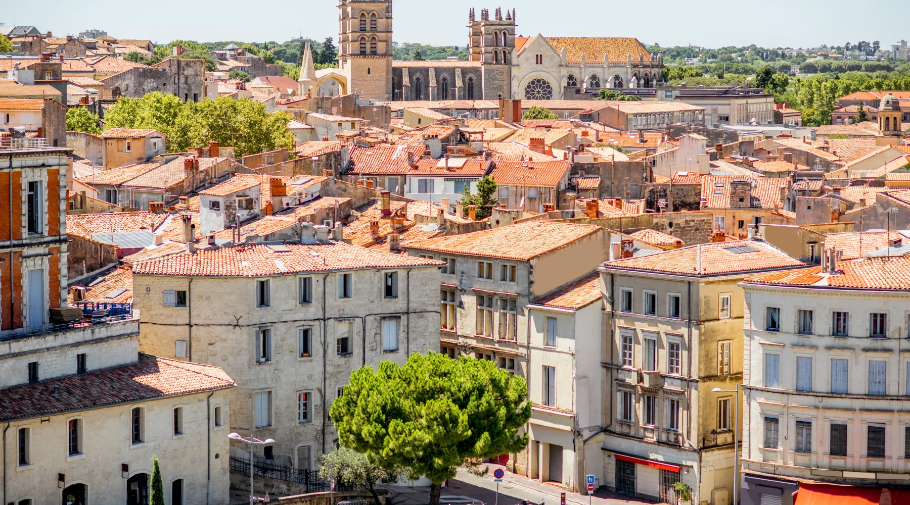 Vue panoramique sur les toits de Montpellier avec la cathédrale Saint-Pierre et ses tours emblématiques.