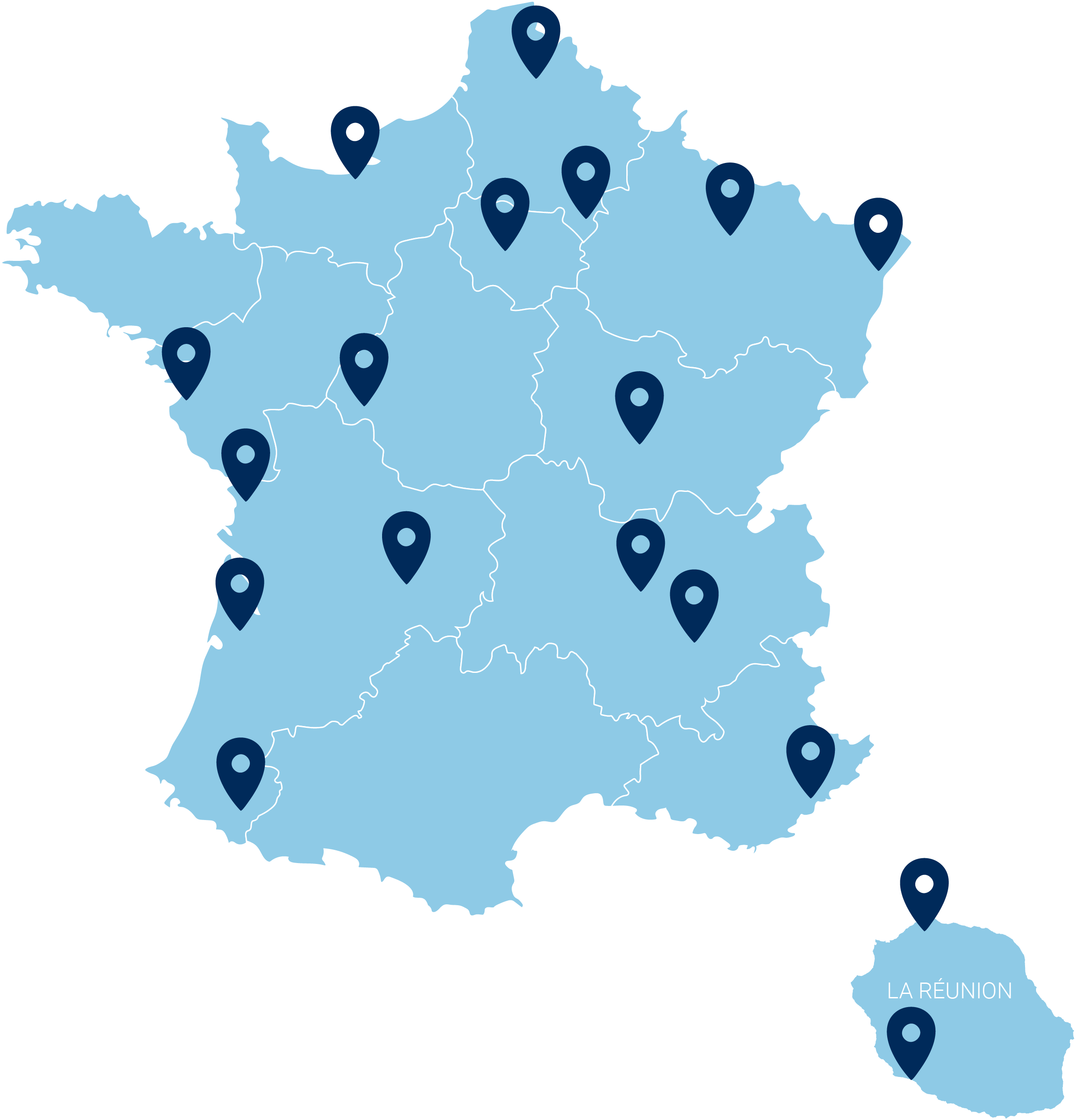 Carte des campus IPMS proposant la formation BPJEPS AF en France métropolitaine et à La Réunion